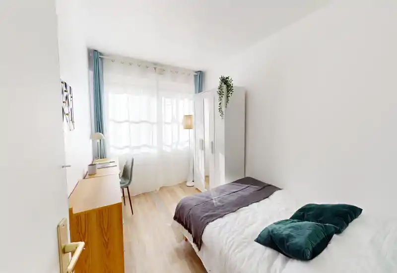 Bright, tidy single bedroom with a comfortable bed dressed in white linens, two green cushions and a dark throw; a wardrobe and desk sit by a large window letting in ample natural light.