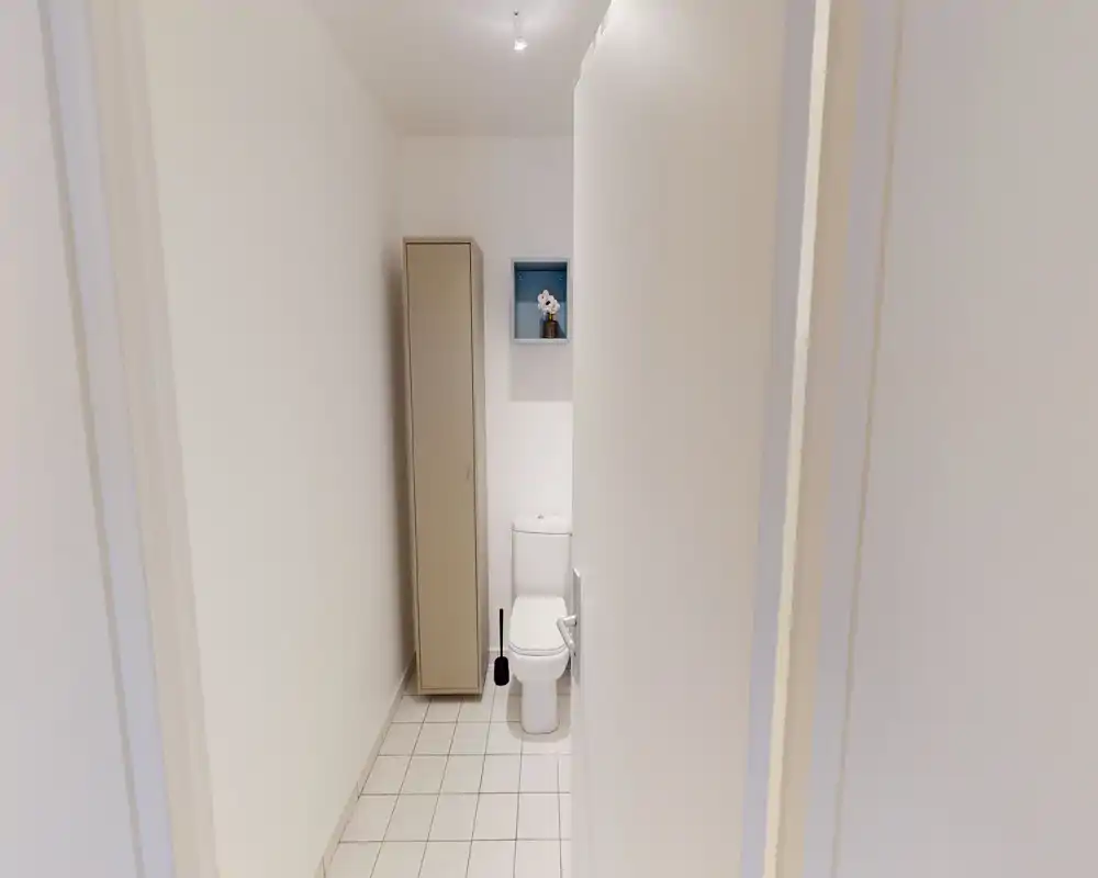 Salle de bain compacte et propre avec toilettes, armoire étroite et sol carrelé, éclairée par une lampe au plafond.
