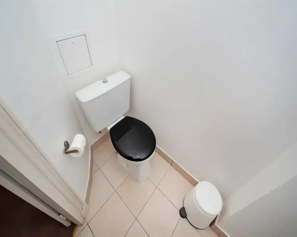 Petite salle de bain propre avec réservoir blanc et lunette de WC noire. Sol carrelé et petite poubelle à pédale.