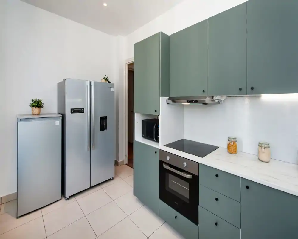 Cuisine moderne et soignée avec des placards vert menthe, une plaque à induction et un four encastré, ainsi qu'un grand réfrigérateur en inox et un congélateur. Ambiance lumineuse et minimaliste avec des bocaux et des plantes décoratives.