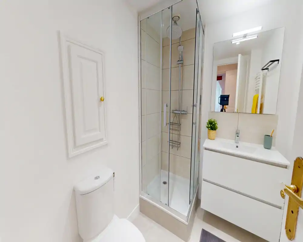 Compact modern bathroom with a corner glass shower, wall-mounted vanity with sink and mirror, and a toilet — clean, bright and efficiently arranged.
