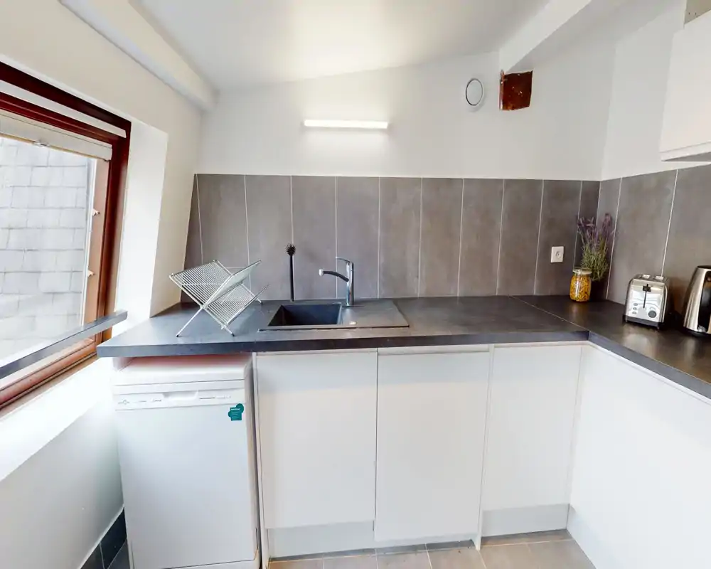 Clean modern kitchenette with dark countertop, integrated sink, dishwasher and small appliances; bright window light and minimalist styling.