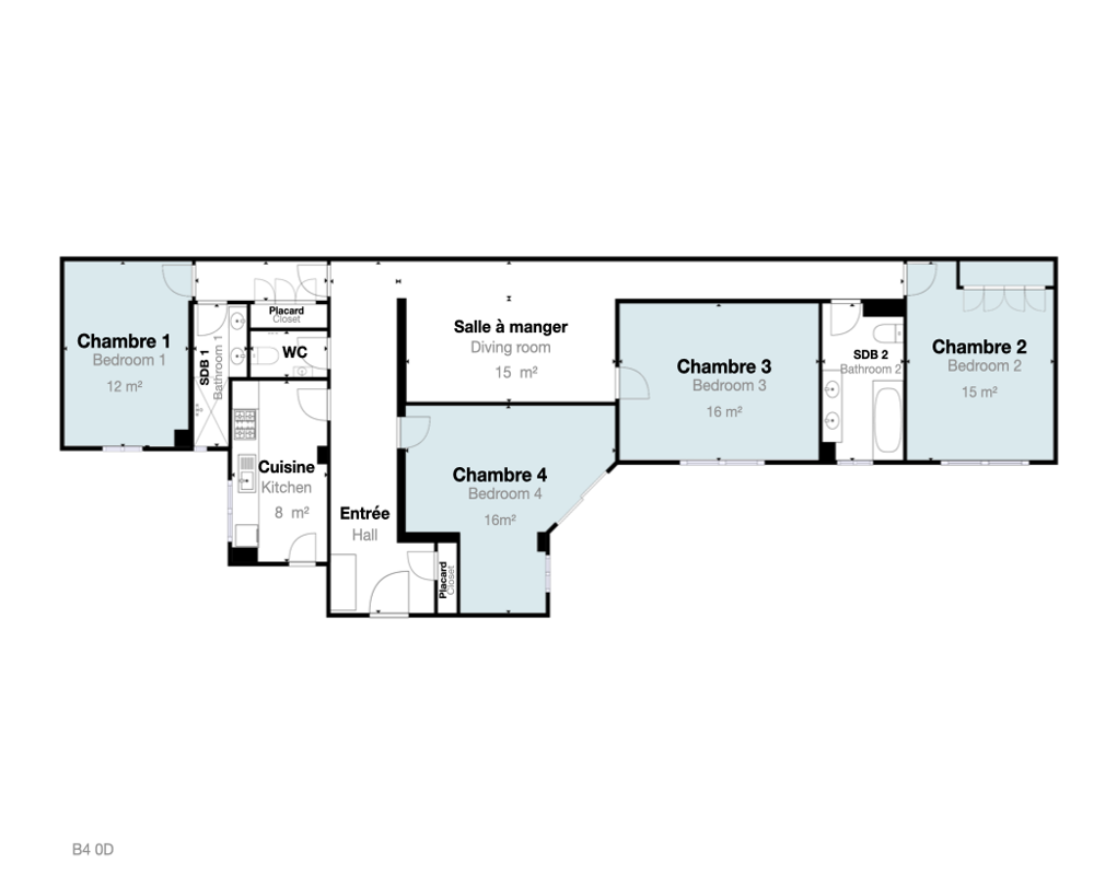 Detailed floor plan (planimetry) showing labeled rooms: bedrooms, kitchen, bathrooms, hall and dining area with measured square meters.