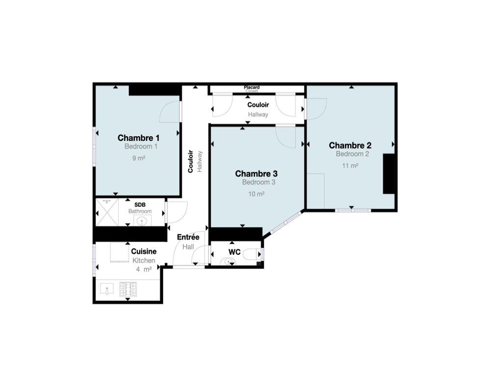 Pianta 2D dettagliata che mostra la disposizione di tre camere, cucina, bagno, WC e corridoi con metrature indicate — utile per comprendere la distribuzione e le dimensioni dell'appartamento.