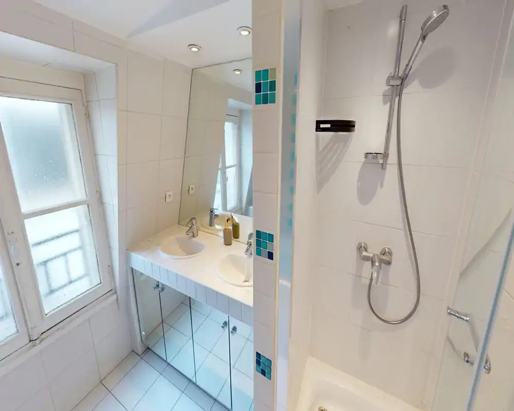 Bright, modern bathroom with a double sink vanity, mirrored storage, and a tiled shower with handheld showerhead.