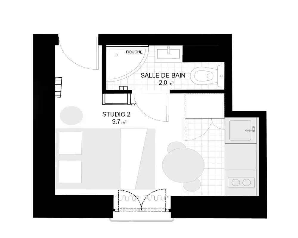 Plano arquitectónico en blanco y negro de un pequeño estudio (Studio 2, 9,7 m²) que muestra la distribución: zona de cama, cocina, mesa redonda y baño de 2,0 m² con ducha e inodoro.