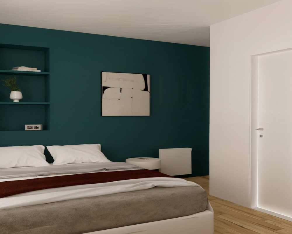 Dormitorio elegante con una cama grande frente a una pared de acento verde azulado, ropa de cama suave y mesillas modernas que crean un ambiente tranquilo y acogedor.
