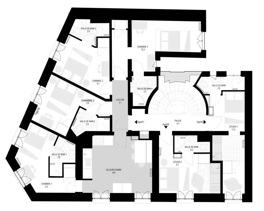 Plan architectural de l'appartement montrant la disposition des pièces, les dimensions et les équipements — idéal pour comprendre l'organisation et la circulation.