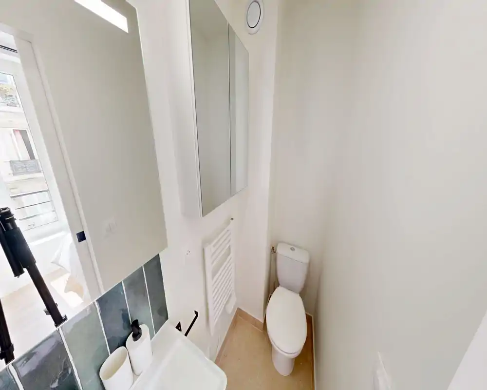 Salle de bain compacte et moderne avec toilettes, lavabo, armoire-miroir et radiateur-serviette ; décoration neutre et lumière naturelle provenant de la pièce voisine.