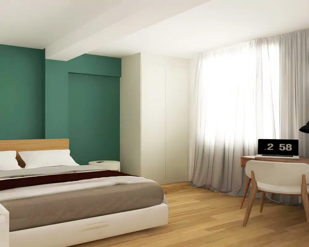 Chambre moderne et lumineuse avec un lit double confortable, une tête de lit en bois et une literie douce. Une grande armoire et un bureau près d'une fenêtre avec rideaux forment un coin fonctionnel et chaleureux, idéal pour travailler ou se détendre.