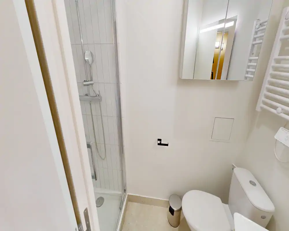 Salle de bain compacte et propre avec cabine de douche, WC, miroir-armoire et sèche-serviettes. Finitions blanches et sol neutre pour un aspect moderne et lumineux.