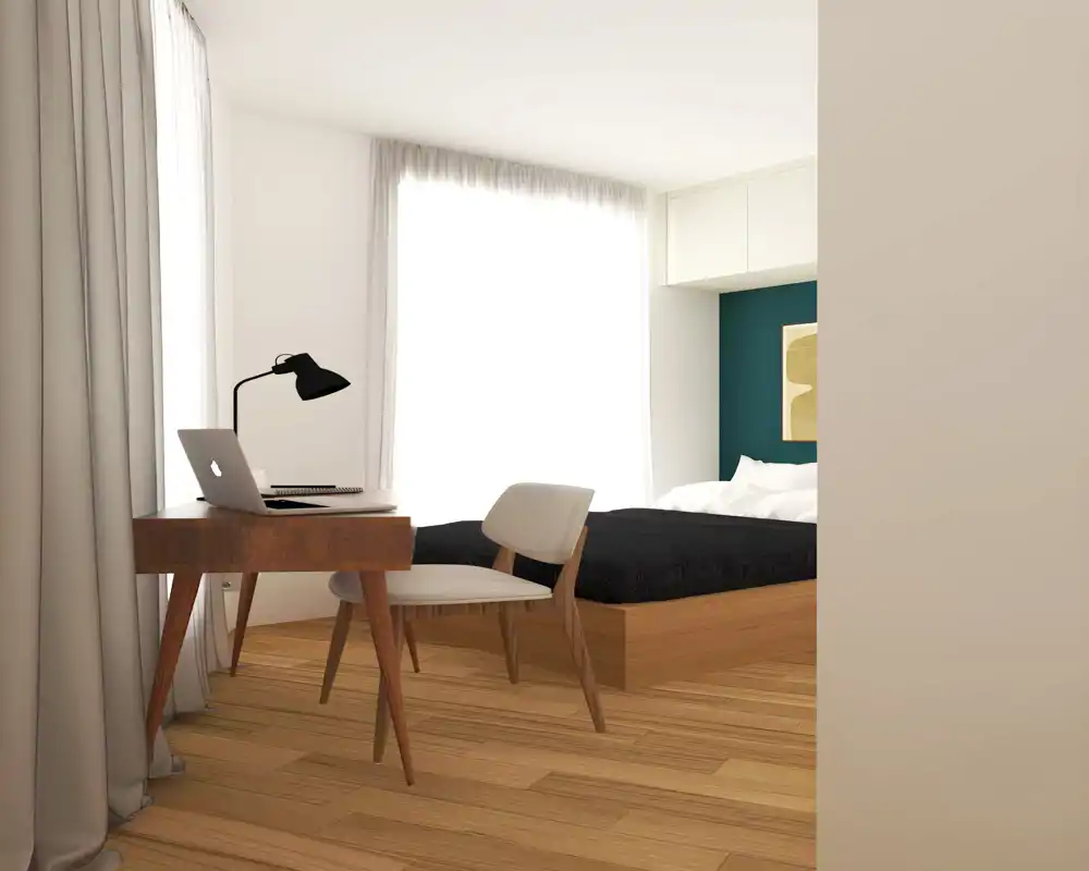 Chambre minimaliste et lumineuse avec lit sur estrade en bois, linge de lit noir, oreillers moelleux et un petit coin bureau près de la fenêtre — moderne et fonctionnelle.