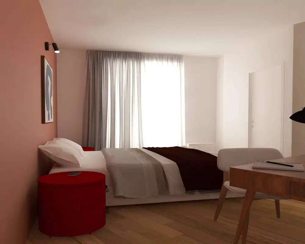 Chambre moderne et lumineuse avec un lit bien fait, des textiles doux et des murs aux tons pastel. La grande fenêtre avec voilages apporte une belle lumière naturelle et le bureau ajoute une touche pratique.