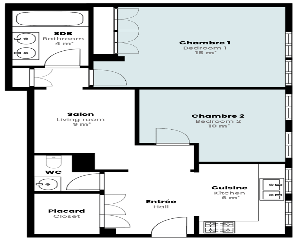 Plan en vue de dessus montrant l'agencement avec pièces étiquetées (deux chambres, séjour, cuisine, salle de bain, WC, placard et hall).