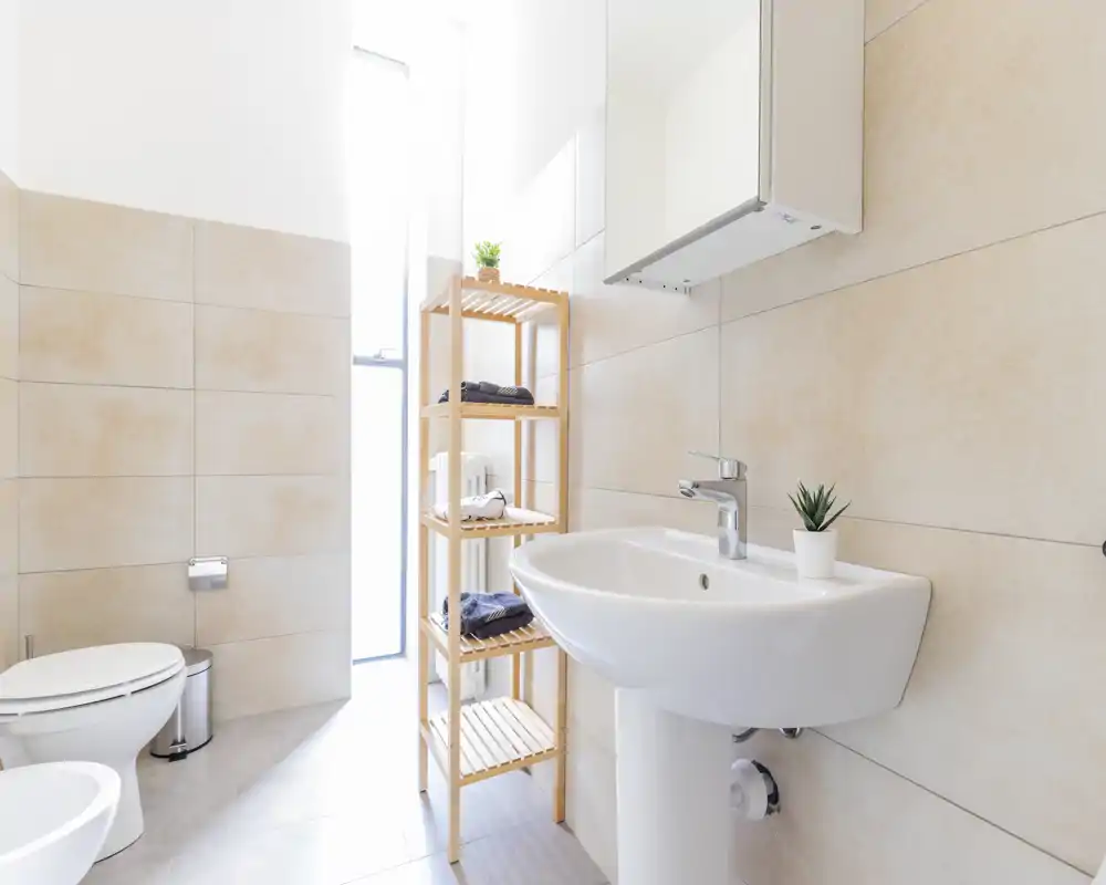 Bright, modern bathroom with wall-mounted mirror cabinet, pedestal sink and toilet; wooden shelving holds towels and accessories for a clean, minimalist look.