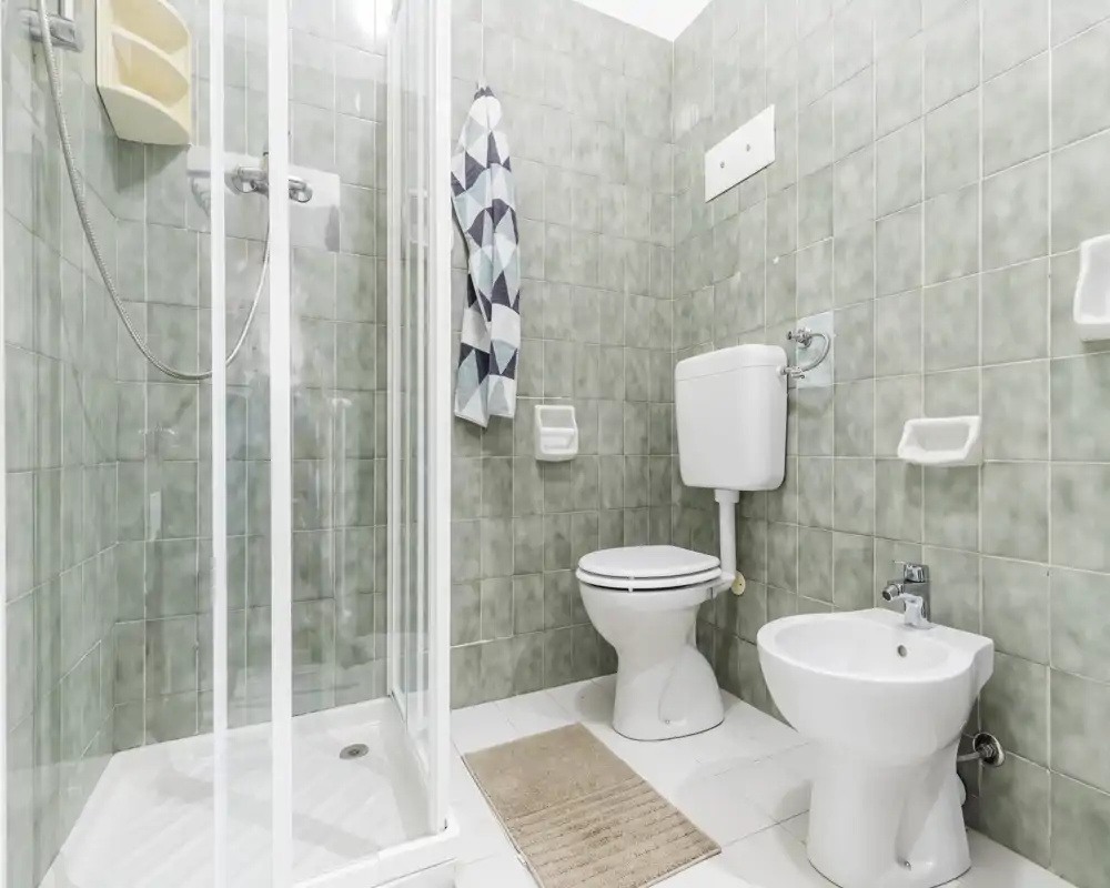 Bright, tidy bathroom with a shower enclosure, toilet and bidet set against green tiled walls and white floor tiles.