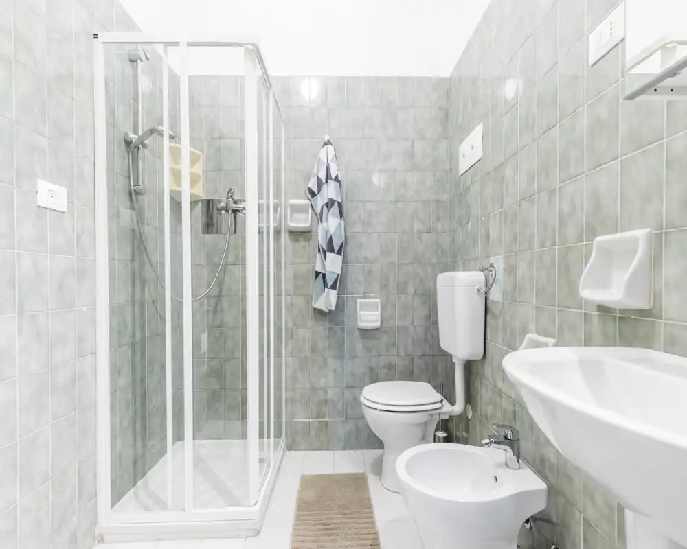 Bright, clean bathroom with a glass shower enclosure, toilet, bidet and wall-mounted sink; light green tiles and a small bath mat create a simple, fresh look.