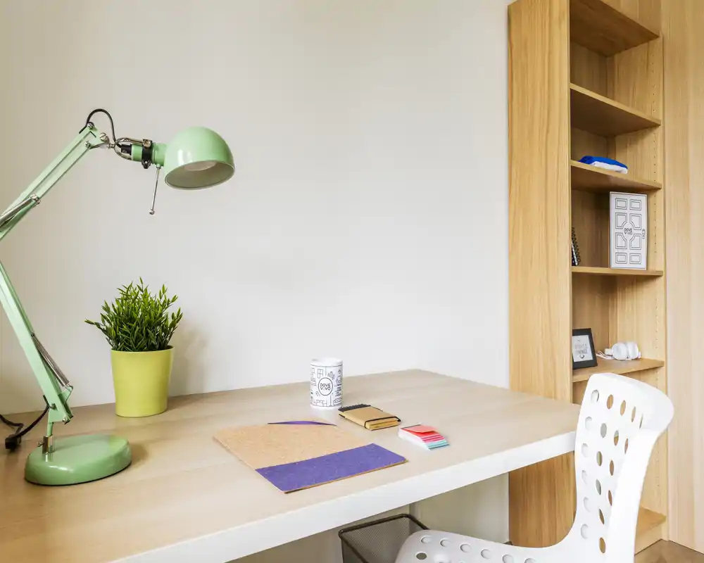 Bright, minimal study corner with a wooden desk, green adjustable lamp, potted plant and shelving — a tidy workspace suitable for remote work or studying.