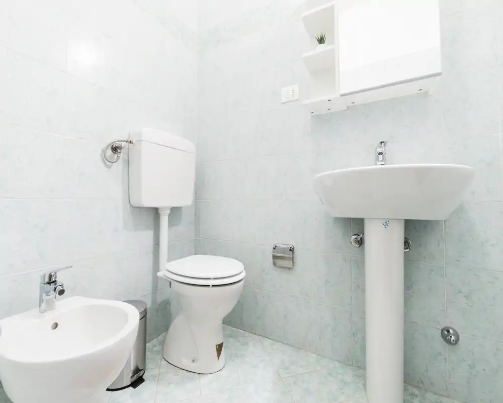 Clean, compact bathroom with toilet, bidet and pedestal sink set against pale blue tiled walls and floor.