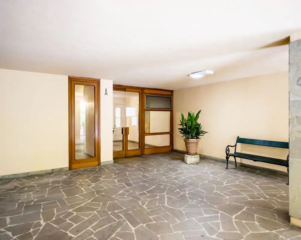 Entrada cubierta del edificio con suelo en losas, puertas de vidrio con marco de madera, una planta en maceta y un banco — vestíbulo comunitario luminoso y limpio.