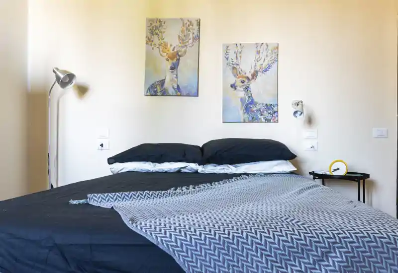 Bright, modern bedroom with a large double bed dressed in dark linens and a textured throw. Two colorful deer canvases above the headboard and bedside lighting create a cozy, well-styled atmosphere ideal for rental listings.
