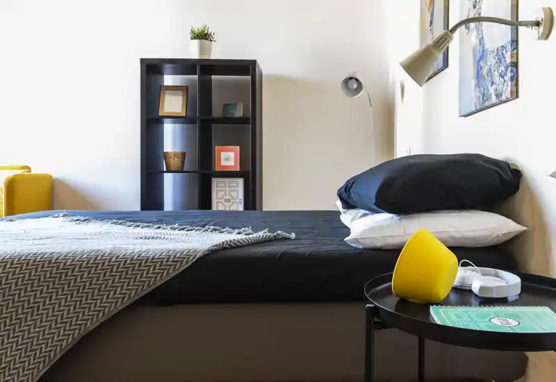 Sunny, modern bedroom with a neatly made bed, layered pillows and a patterned throw. A black shelving unit and bedside table with decorative accents add personality and storage.