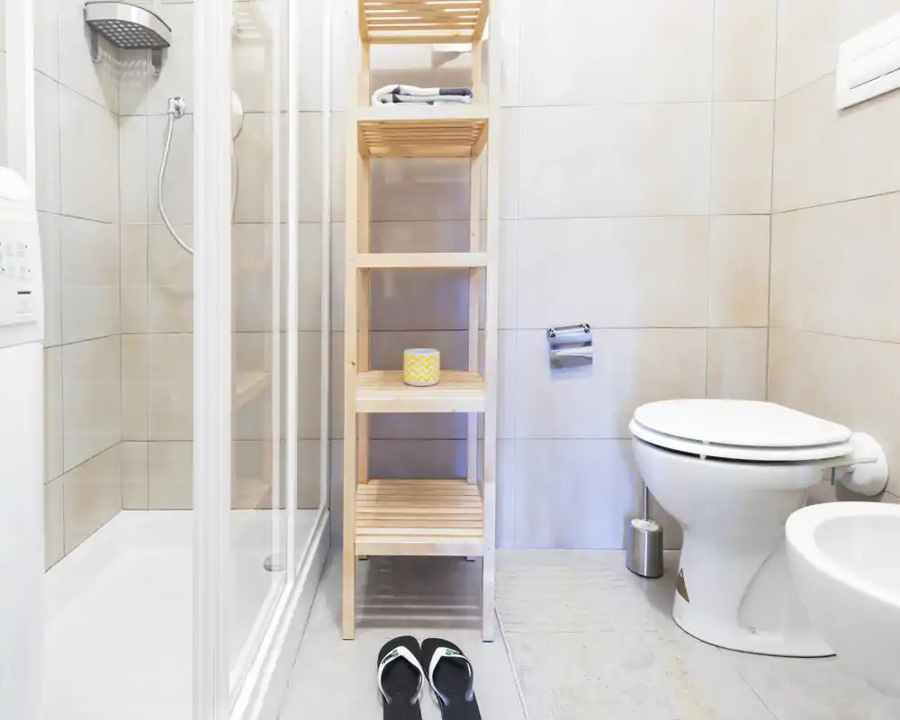 Bright, modern bathroom with a glass shower, toilet, bidet and a wooden shelving unit. Clean tiles and neutral tones create a fresh, minimalist look.