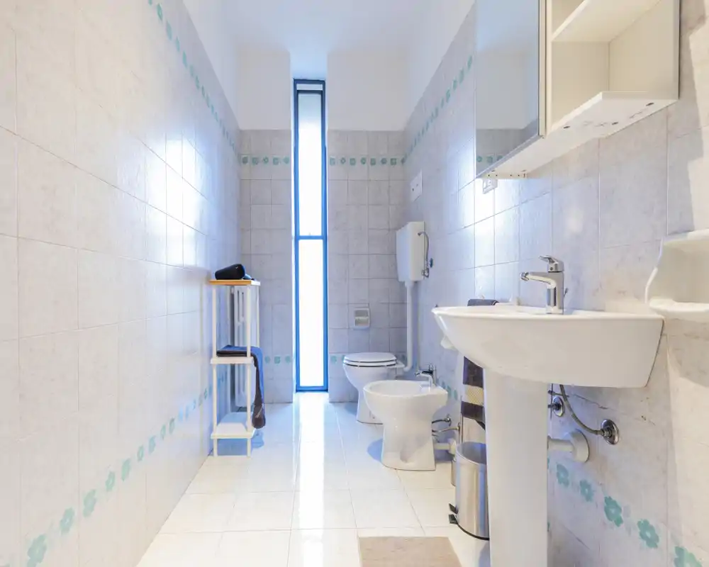 Bright, modern bathroom with pedestal sink, bidet and toilet aligned on the right and a tall frosted window at the far end providing natural light.