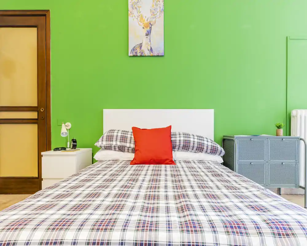 Bright, well-composed bedroom with a centrally framed double bed, colorful green accent wall and a vivid red cushion that adds character.