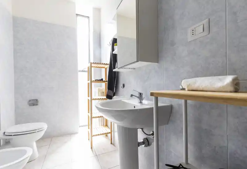 Bright, modern bathroom with pedestal sink, toilet, bidet and a tall window providing natural light. Light gray tiled walls and simple wooden shelving create a clean, functional look ideal for rental listings.