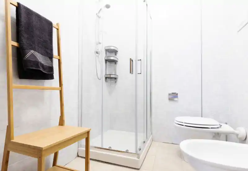 Bright, modern bathroom with a glass shower enclosure, toilet and bidet; light tiles and wooden towel ladder add a minimal, clean look.