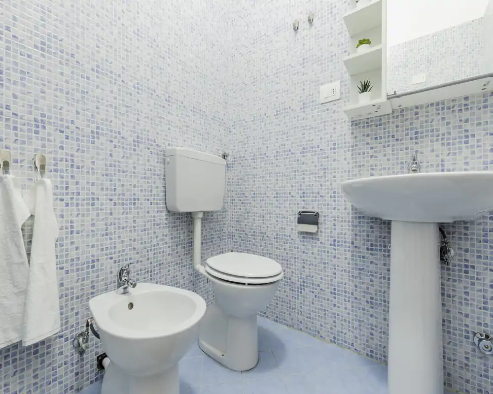 Bagno compatto e luminoso con piastrelle mosaico azzurre, lavabo a colonna, WC e bidet; pulito e di stile essenziale.