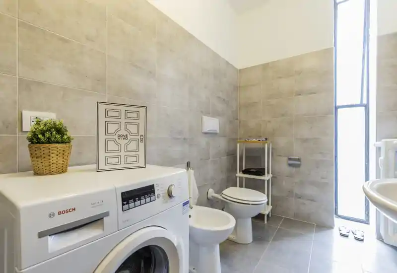 Bright, modern bathroom with a toilet, bidet, sink and a washing machine; neutral tile walls and a tall frosted window provide natural light.