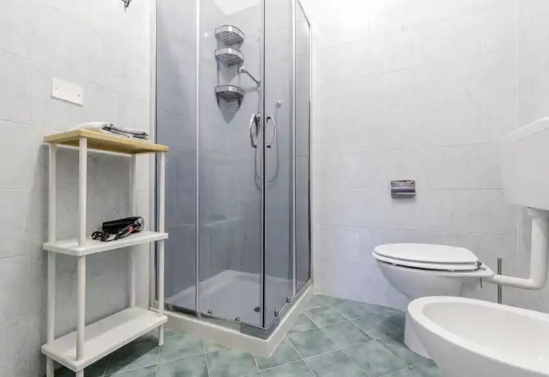 Bright, clean bathroom with a glass-enclosed shower, toilet and bidet; tiled walls and green floor tiles offer a fresh, simple look.
