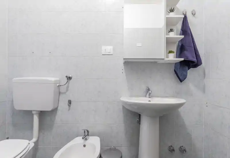Bright, clean bathroom with a pedestal sink, bidet, toilet cistern, and a small mirrored cabinet with shelves and hanging towels.