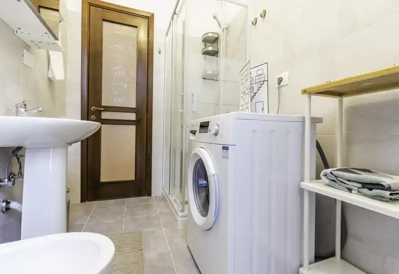 Bright, modern bathroom with a glass shower enclosure, pedestal sink and a washing machine neatly placed next to shelving.