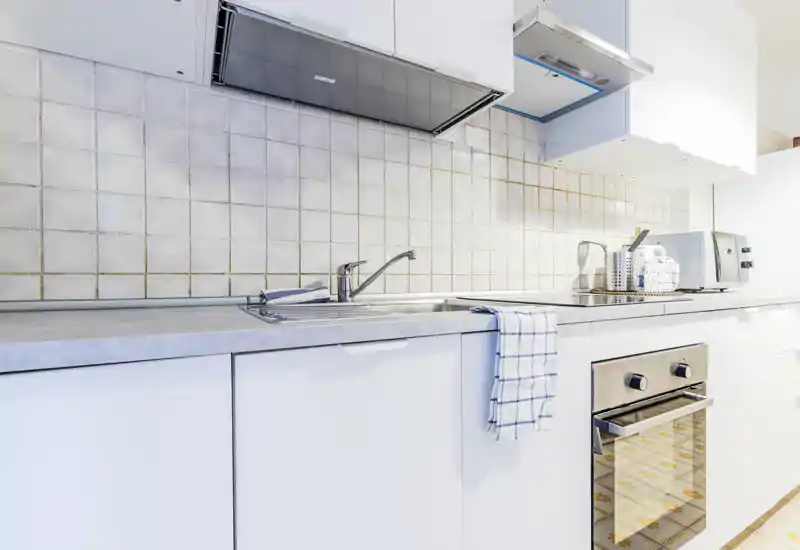 Bright modern kitchen countertop with stainless sink, built-in oven and small appliances on a clean white surface — practical and well-lit space for cooking.