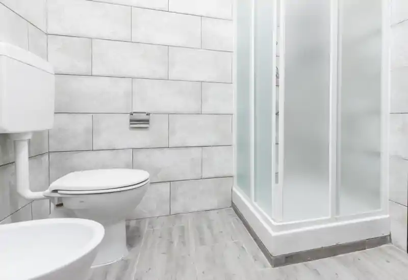 Compact modern bathroom with a toilet, bidet and a frosted-glass shower enclosure; light gray tiles and wood-effect floor create a clean, neutral look.