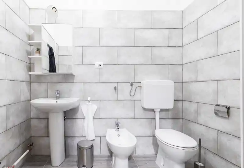 Clean, modern bathroom with pedestal sink, bidet and toilet against light grey tiled walls; compact and well-lit space with simple fixtures.