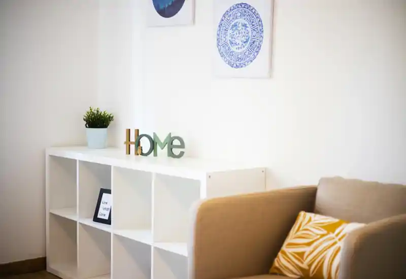Bright, styled living corner with a comfortable armchair, decorative cushion, shelving and small plant — a cozy and modern seating area ideal for rental listings.