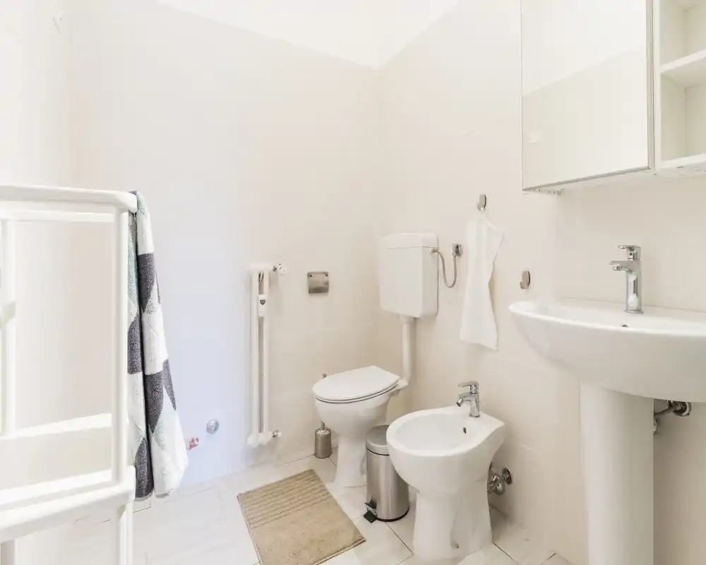 Bagno luminoso e pulito con wc, bidet, lavabo a colonna e pensile specchiato; piastrelle neutre e un piccolo tappeto per un ambiente funzionale.