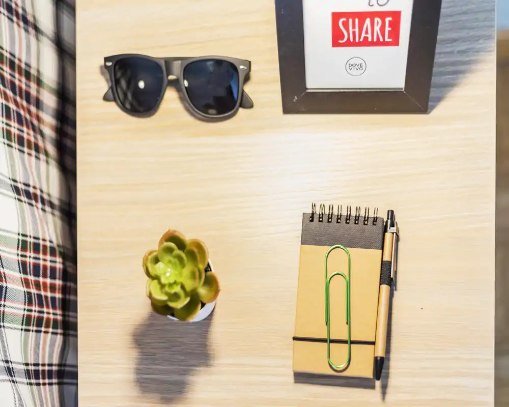 Plano detalle de una superficie de madera con una pequeña suculenta, un bloc de notas en espiral con un bolígrafo, un clip verde grande y unas gafas de sol; se aprecia el borde de una tela a cuadros a la izquierda. La imagen destaca accesorios de escritorio y objetos decorativos.