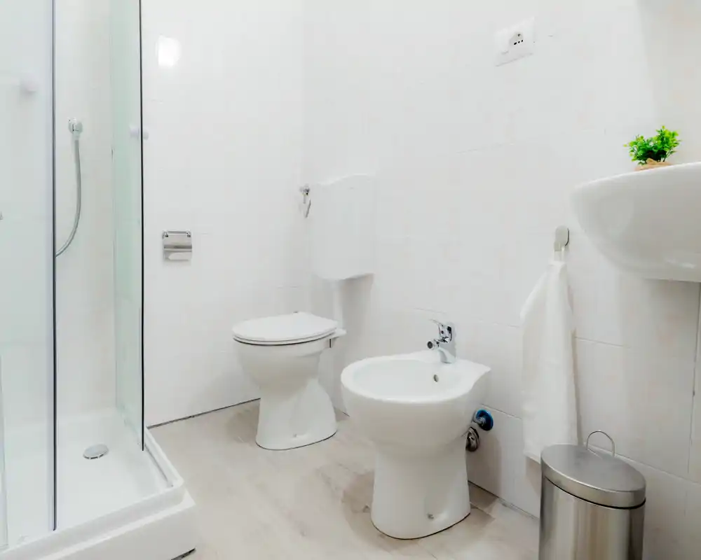 Bagno pulito e luminoso con WC, bidet, cabina doccia e lavabo a parete. Piastrelle neutre e pavimento effetto legno donano un aspetto fresco e minimal.