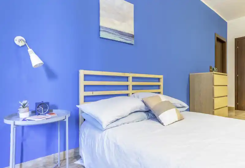 Bright, modern bedroom with a light wooden headboard against a vivid blue accent wall. The bed is neatly made with soft linens, a decorative cushion, bedside table with lamp and clock, and a chest of drawers in the background.