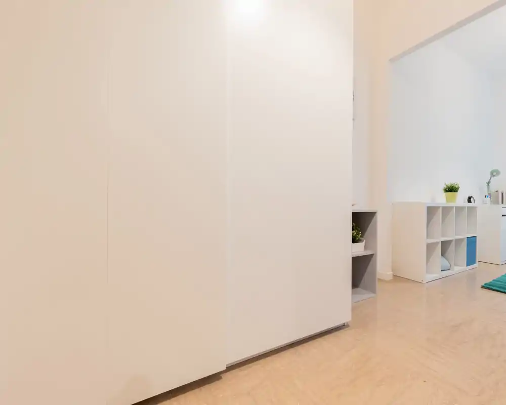 Minimal, bright entry or hallway corner with clean white storage units and light wood flooring; simple styling gives a fresh, uncluttered first impression.
