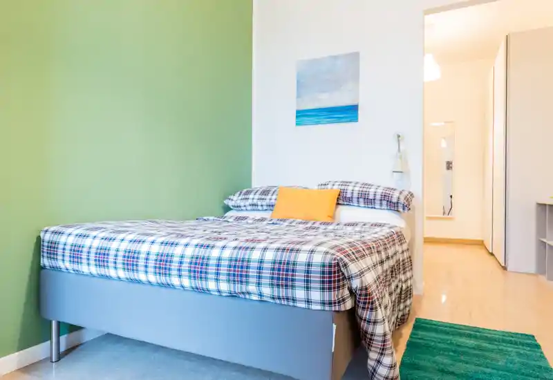 Bright, modern bedroom with a double bed dressed in plaid bedding, a yellow accent pillow and a soft green accent wall — ideal for listing photos highlighting comfort and style.