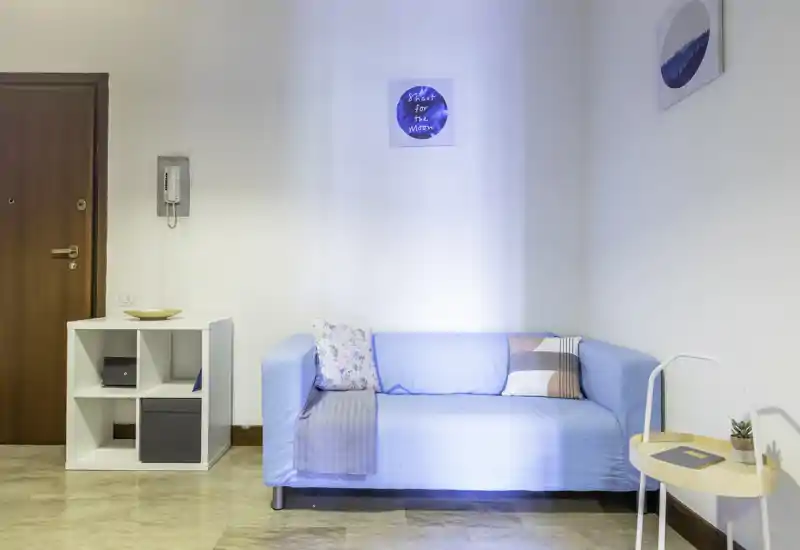 Bright, tidy living area with a light-blue sofa, decorative cushions and a small side table — ideal for a compact apartment lounge.