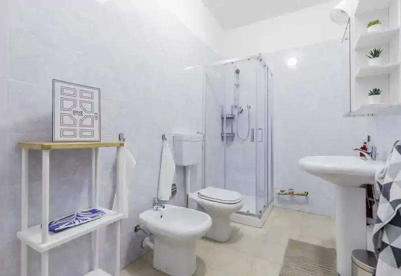 Bright, modern bathroom with a glass shower cabin, toilet, bidet and pedestal sink; light tiles and minimal shelving create a clean, fresh look.