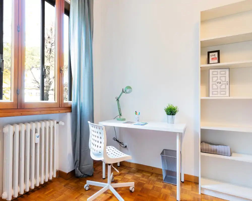 Bright study corner with a white desk, ergonomic chair, desk lamp and shelving beside a large window that lets in natural light — ideal for focused work or studying.
