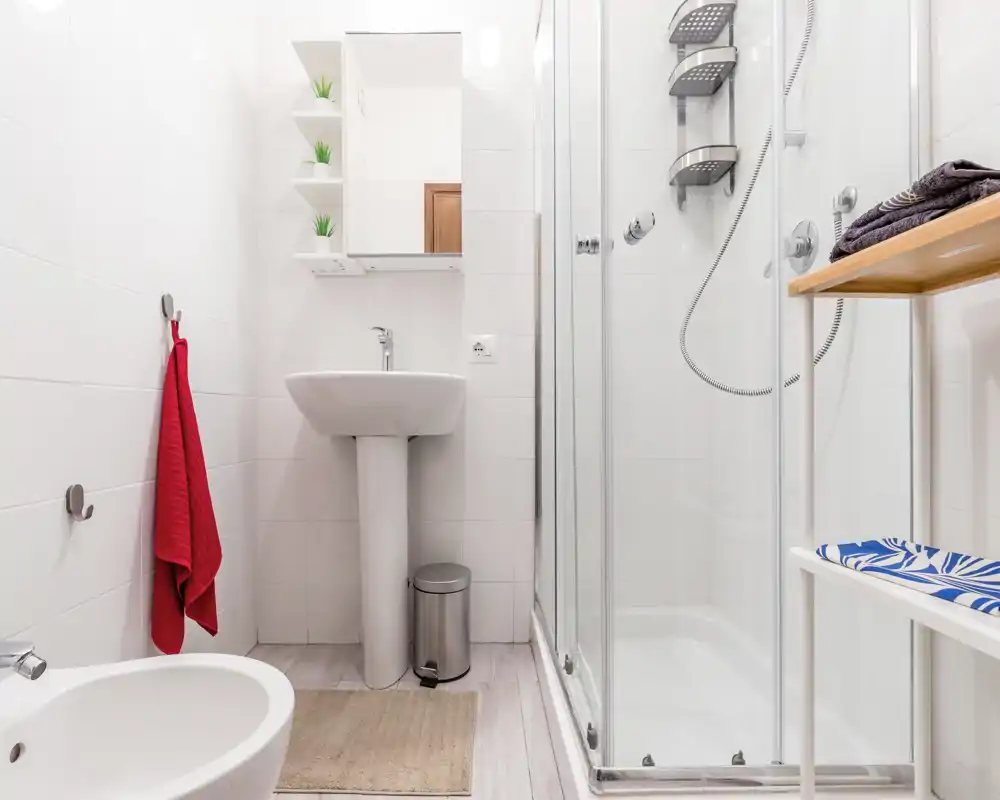 Bagno moderno e luminoso con lavabo a colonna, box doccia in vetro, bidet e piastrelle bianche. Stile pulito con piccole piante decorative e asciugamani piegati.
